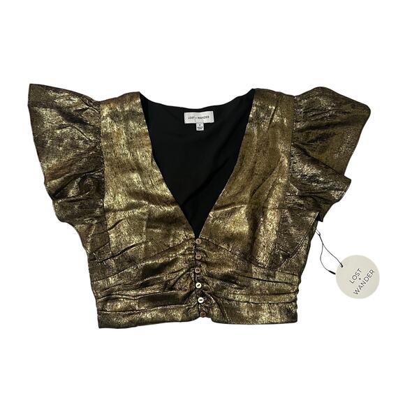 Lost + Wander (S) Heart of Gold Top - Button Front Flutter Sleeve Deep V Cropped - Picture 11 of 12